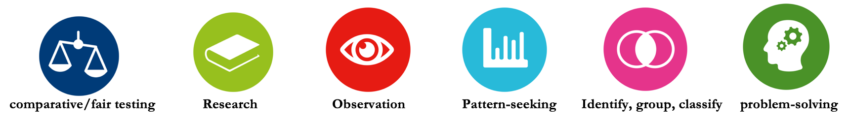 Logos illustrating the 6 principals of working scientifically.